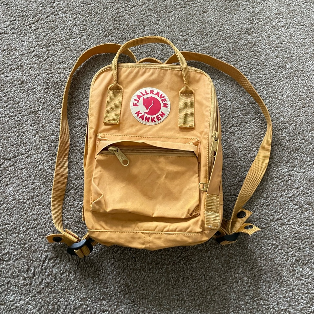 Fjallraven Kanken Mini Backpack Mustard Yellow with Red Logo